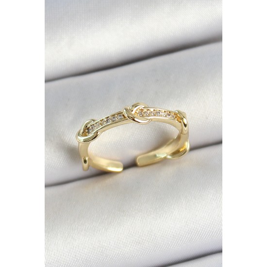 Pirinç Düğüm Figürlü Zirkon Taşlı Gold Renk Ayarlanabilir Kadın Yüzük - TJ-BYK3776