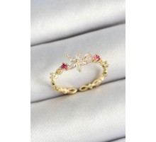 Pirinç Papatya Figürlü Zirkon Taşlı Gold Renk Ayarlanabilir Kadın Yüzük - TJ-BYK3778