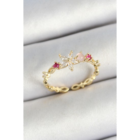Pirinç Papatya Figürlü Zirkon Taşlı Gold Renk Ayarlanabilir Kadın Yüzük - TJ-BYK3778