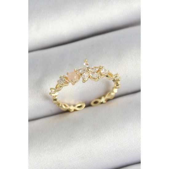 Pirinç Papatya Figürlü Zirkon Taşlı Gold Renk Ayarlanabilir Kadın Yüzük - TJ-BYK3779