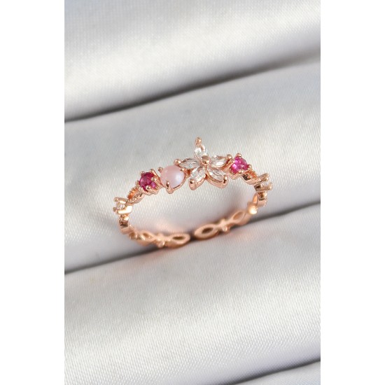 Pirinç Papatya Figürlü Zirkon Taşlı Rose Gold Renk Ayarlanabilir Kadın Yüzük - TJ-BYK3780