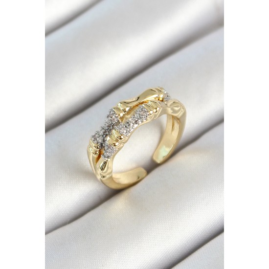 Pirinç Kemik Figürlü Zirkon Taşlı Gold Renk Ayarlanabilir Kadın Yüzük - TJ-BYK3781