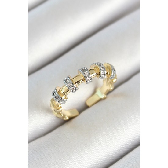 Pirinç Sıralı Daire Figürlü Zirkon Taşlı Gold Renk Ayarlanabilir Kadın Yüzük - TJ-BYK3783