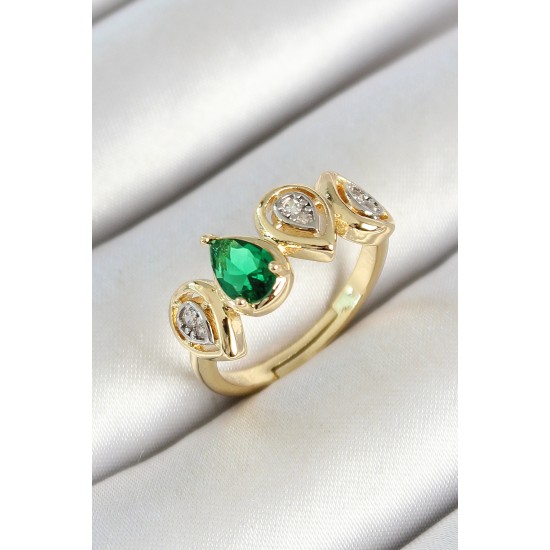 Pirinç Sıralı Damla Figürlü Zirkon Taşlı Gold Renk Ayarlanabilir Kadın Yüzük - TJ-BYK3784