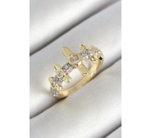 Pirinç Sıralı Çit Figürlü Zirkon Taşlı Gold Renk Ayarlanabilir Kadın Yüzük - TJ-BYK3785