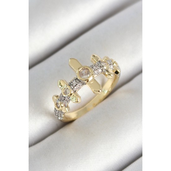 Pirinç Sıralı Çit Figürlü Zirkon Taşlı Gold Renk Ayarlanabilir Kadın Yüzük - TJ-BYK3785