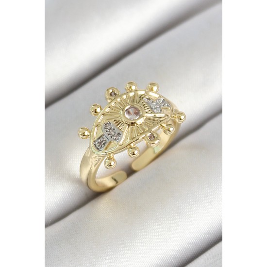 Pirinç Göz Figürlü Zirkon Taşlı Gold Renk Ayarlanabilir Kadın Yüzük - TJ-BYK3786