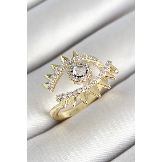 Pirinç Göz Figürlü Zirkon Taşlı Gold Renk Ayarlanabilir Kadın Yüzük - TJ-BYK3787