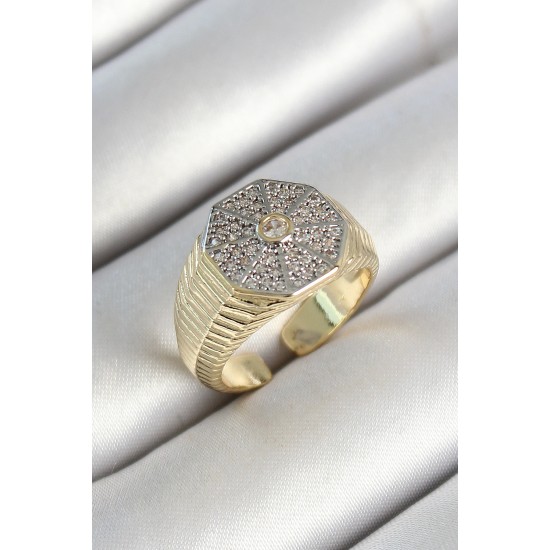 Pirinç Sekizgen Figür Zirkon Taşlı Gold Renk Ayarlanabilir Kadın Yüzük - TJ-BYK3788