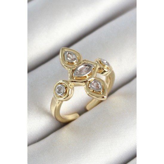 Pirinç Beş Taş Trend Figür Zirkon Taşlı Gold Renk Ayarlanabilir Kadın Yüzük - TJ-BYK3789