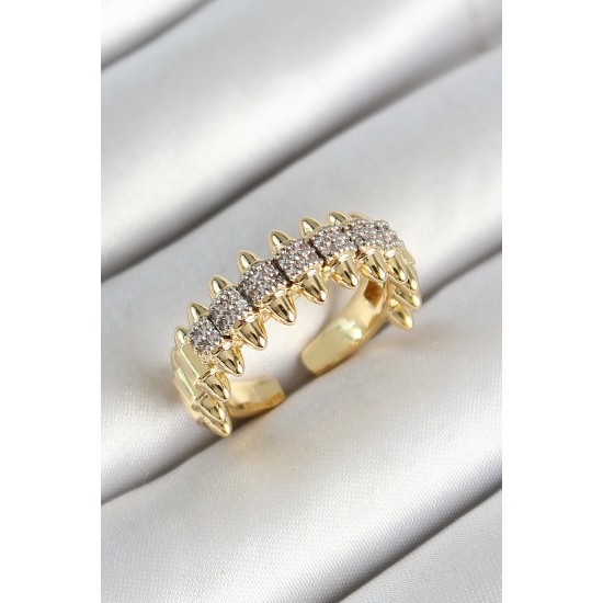 Pirinç Kurşun Figürlü Zirkon Taşlı Gold Renk Ayarlanabilir Kadın Yüzük - TJ-BYK3790