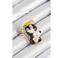 İnci Detaylı Siyah Ve Pembe 3D Sevimli Fare Figürlü Gold Renk Kadın Broş - TJ-BR437