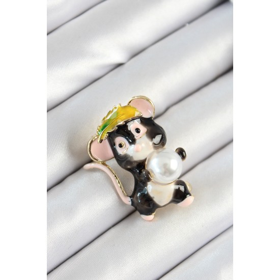 İnci Detaylı Siyah Ve Pembe 3D Sevimli Fare Figürlü Gold Renk Kadın Broş - TJ-BR437
