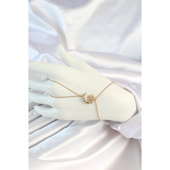 316L Çelik Gold Renk Zincirli Zirkon Taşlı Ay Figürlü Şahmeran - TJ-SN651