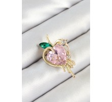 Pembe Ve Yeşil Zirkon Taşlı 3D Eriyen Kalp Figürlü Gold Renk Kadın Broş - TJ-BR438