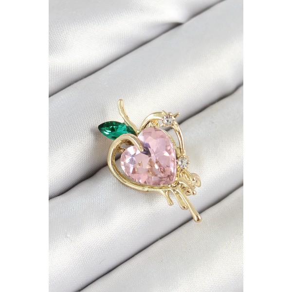 Pembe Ve Yeşil Zirkon Taşlı 3D Eriyen Kalp Figürlü Gold Renk Kadın Broş - TJ-BR438
