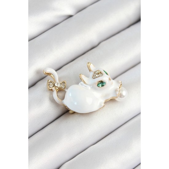 Zirkon Taşlı İnci Detaylı Beyaz 3D Kedi Figürlü Gold Renk Kadın Broş - TJ-BR440