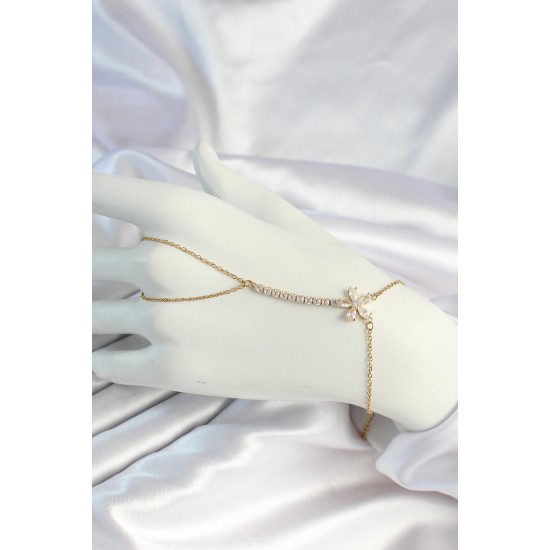 316L Çelik Gold Renk Zincirli Zirkon Taşlı Çiçek Figürlü Şahmeran - TJ-SN659