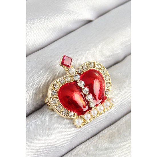 Zirkon Taşlı İnci Detaylı Kırmızı 3D Kraliçe Taç Figürlü Gold Renk Kadın Broş - TJ-BR441