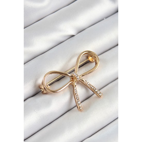 Zirkon Taş Detaylı 3D Fiyonk Figürlü Gold Renk Kadın Broş - TJ-BR442