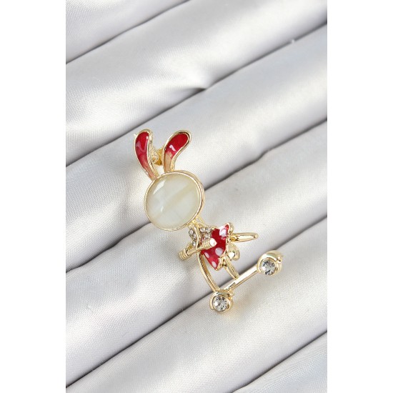 Zirkon Taş Detaylı Kırmızı 3D Scooter Süren Tavşan Kız Figürlü Gold Renk Kadın Broş - TJ-BR443