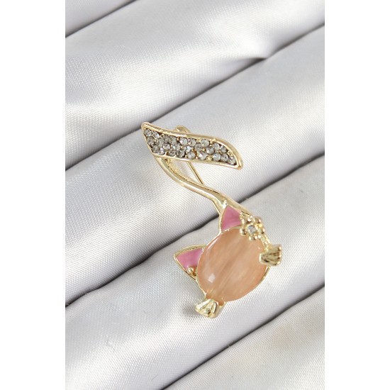 Zirkon Taşlı 3D Kedi Detaylı Nota Figürlü Gold Renk Kadın Broş - TJ-BR444