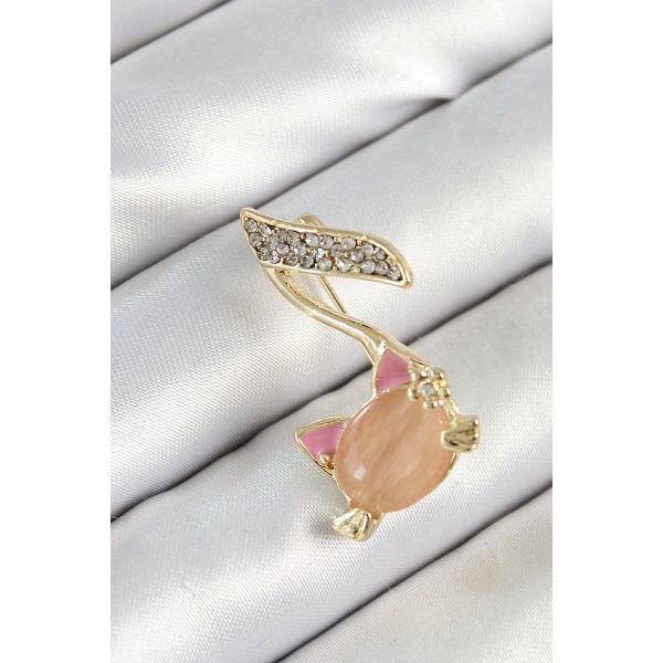 Zirkon Taşlı 3D Kedi Detaylı Nota Figürlü Gold Renk Kadın Broş - TJ-BR444