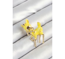 Zirkon Taşlı Fiyonk Detaylı 3D Sarı Ceylan Figürlü Gold Renk Kadın Broş - TJ-BR445