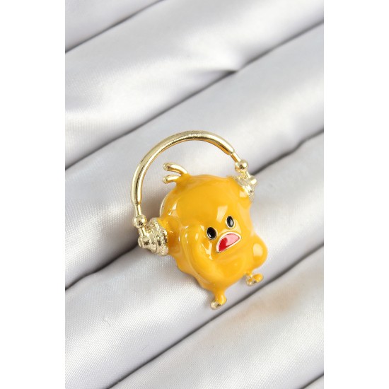 3D Kulaklıklı Sarı Civciv Figürlü Gold Renk Kadın Broş - TJ-BR446