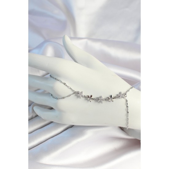 316L Çelik Zincirli Gümüş Renk Zirkon Taşlı Çiçek Şahmeran - TJ-SN674