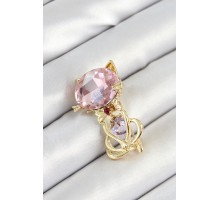 Pembe Zirkon Taşlı Kap Detaylı Kedi Figürlü Gold Renk Kadın Broş - TJ-BR447