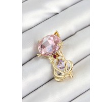Pembe Zirkon Taşlı Kap Detaylı Kedi Figürlü Gold Renk Kadın Broş - TJ-BR447