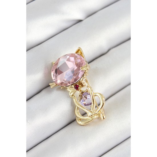 Pembe Zirkon Taşlı Kap Detaylı Kedi Figürlü Gold Renk Kadın Broş - TJ-BR447