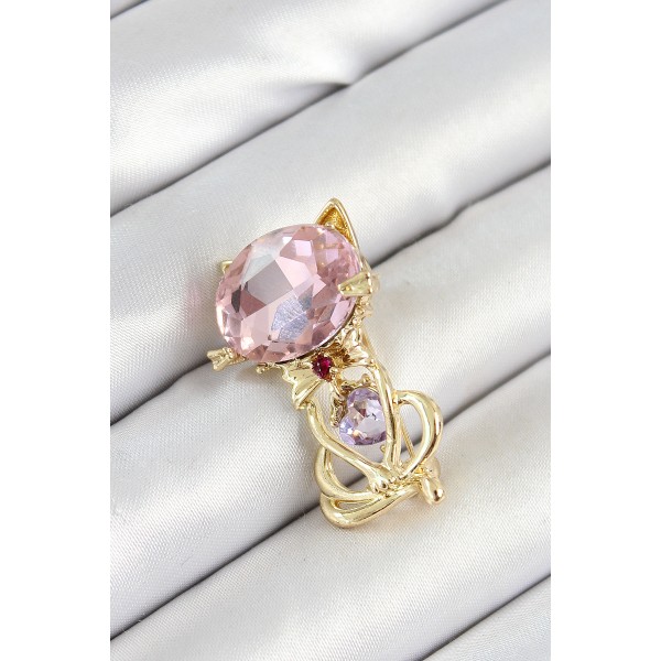 Pembe Zirkon Taşlı Kap Detaylı Kedi Figürlü Gold Renk Kadın Broş - TJ-BR447