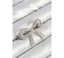 Üzeri Zirkon Taşlı Fiyonk Figürlü Gümüş Renk Kadın Broş - TJ-BR448