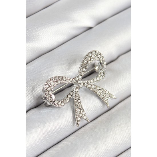 Üzeri Zirkon Taşlı Fiyonk Figürlü Gümüş Renk Kadın Broş - TJ-BR448