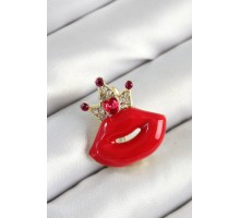 Zirkon Taşlı Kraliçe Taç Detaylı 3D Kırmızı Dudak Figürlü Gold Renk Kadın Broş - TJ-BR449