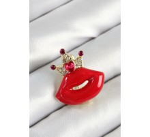 Zirkon Taşlı Kraliçe Taç Detaylı 3D Kırmızı Dudak Figürlü Gold Renk Kadın Broş - TJ-BR449