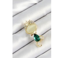 Yeşil Damla Zirkon Taşlı Kraliçe Taçlı Kedi Figürlü Gold Renk Kadın Broş - TJ-BR450