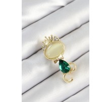 Yeşil Damla Zirkon Taşlı Kraliçe Taçlı Kedi Figürlü Gold Renk Kadın Broş - TJ-BR450
