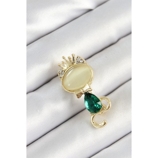 Yeşil Damla Zirkon Taşlı Kraliçe Taçlı Kedi Figürlü Gold Renk Kadın Broş - TJ-BR450