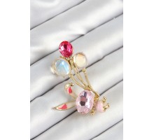 Zirkon Taşlı  Balonlu Pembe Tavşan Figürlü Gold Renk Kadın Broş - TJ-BR451