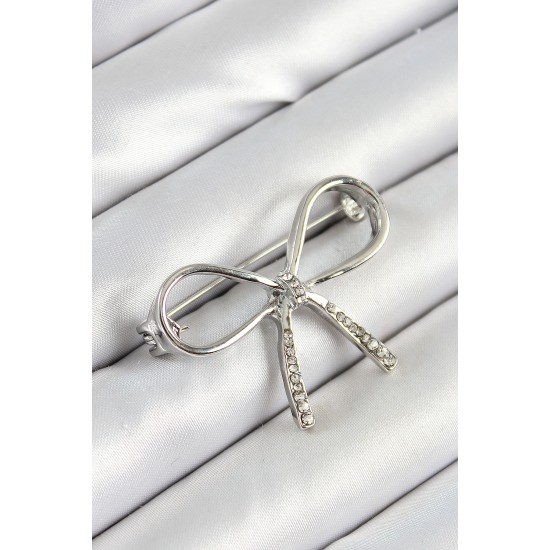 Zirkon Taş Detaylı Fiyonk Figürlü Gümüş Renk Kadın Broş - TJ-BR453