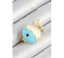 Mineli Turkuaz Ve Krem Balık Figürlü Gold Renk Kadın Broş - TJ-BR454