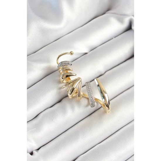 Pirinç Zirkon Taş Kaplamalı Sarmal Figürlü Gold Renk Kadın Sağ Kıkırdak Küpe - TJ-BKP10630