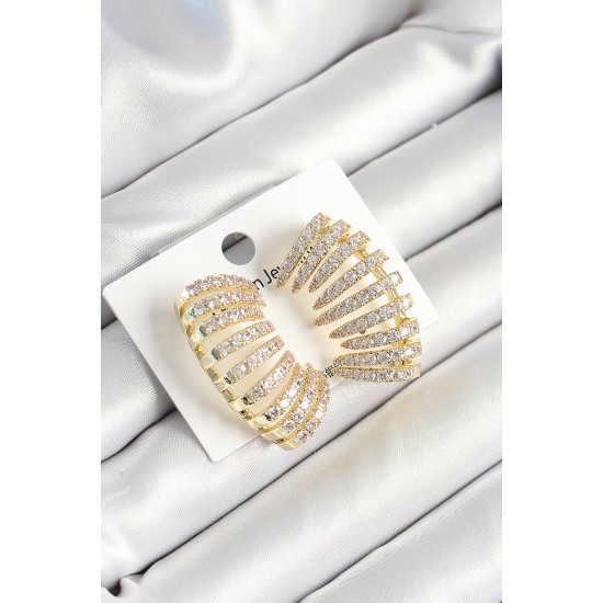 Pirinç Zirkon Taşlı Çoklu Görünümlü Model Gold Renk Kadın Küpe - TJ-BKP10632
