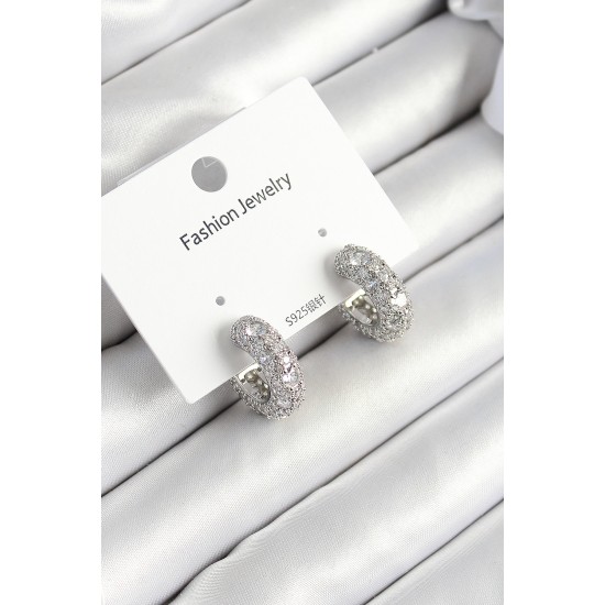 Pirinç Zirkon Taşlı Halka Model Gümüş Renk Kadın Küpe - TJ-BKP10633