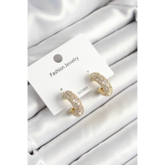 Pirinç Zirkon Taşlı Halka Model Gold Renk Kadın Küpe - TJ-BKP10634