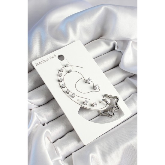 316L Çelik Yıldız Figürlü Ve Zirkon Taşlı Gümüş Renk 7'li Çift Kadın Küpe Set - TJ-BKP10636