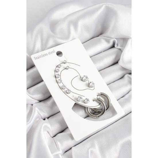 316L Çelik Halka Figürlü Ve Zirkon Taşlı Gümüş Renk 7'li Çift Kadın Küpe Set - TJ-BKP10637